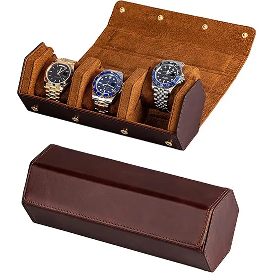 Men′s Genuine Leather Hexagonal Watch Box Travel Case Watch Storage Organizer with Sliding Pillow Fits 1 2 3 Slots 